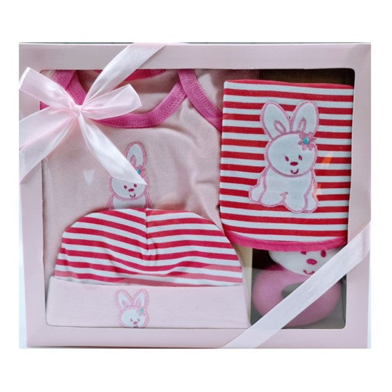 Baby Set (Bodysuit,Hat,Bib,Rattle) - Pink Rabbit