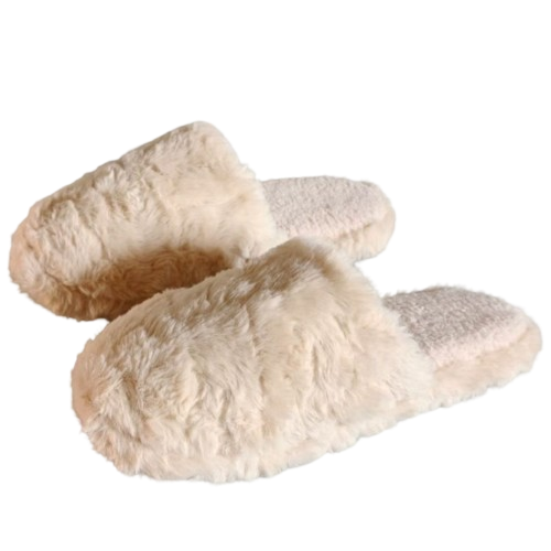 Womens Slippers Beige Fluffy Slip On Small (Size 7-8)